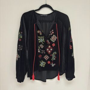 Zara Woman Black Velvet Embroidered Peasant Blouse Tassel Tie Boho L